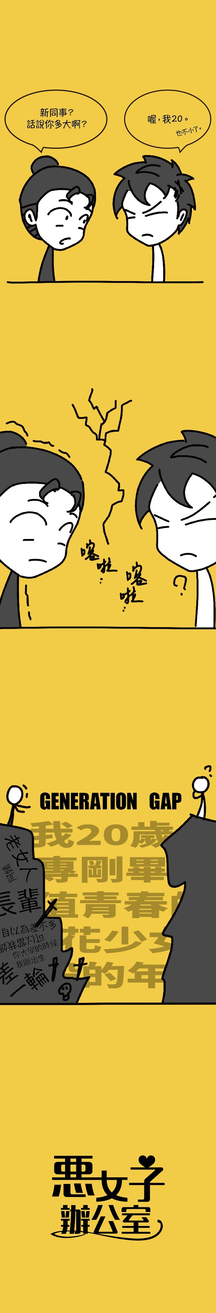 新同事？話說你多大啊？ 喔，我20。也不小了 喀啦喀啦（裂痕） 老女人 阿姨 長輩 自以為差不多 可以當我媽 你大學的時候我剛出生 差一輪 Generation gap 我23歲剛畢業 正值青春的少女 如花一般的年紀